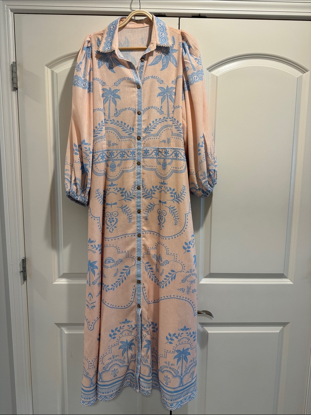 Peach & Light Blue Button-Front Maxi Dress